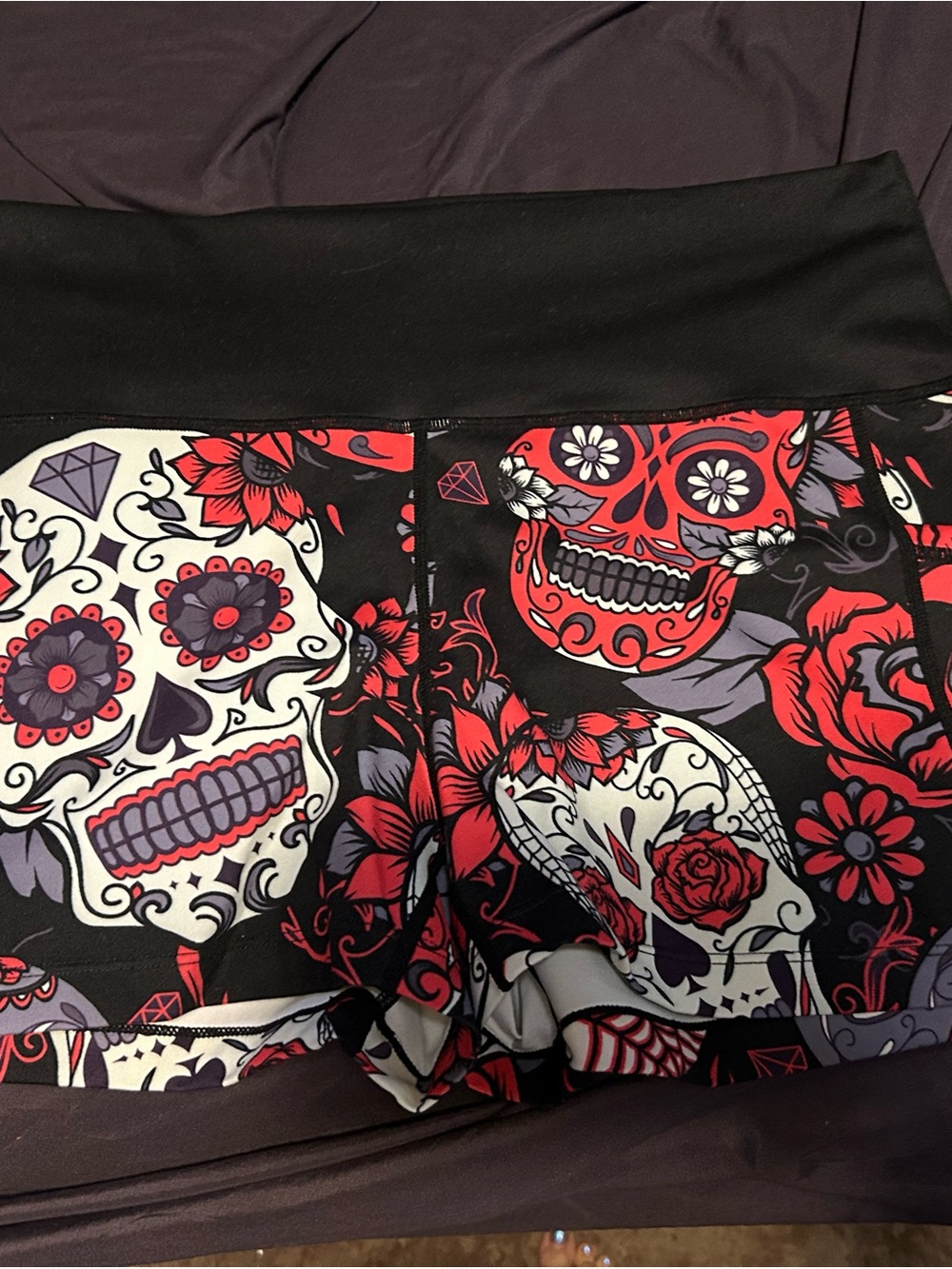 Black Sugar Skull Print 2.5” Bike Shorts with Red and White Accents
